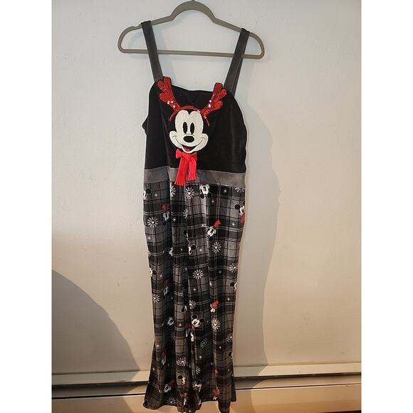 Disney Womens Gray Mickey Mouse Christmas Holiday Overalls Jumpsuit Pajama Large - Picture 1 of 6